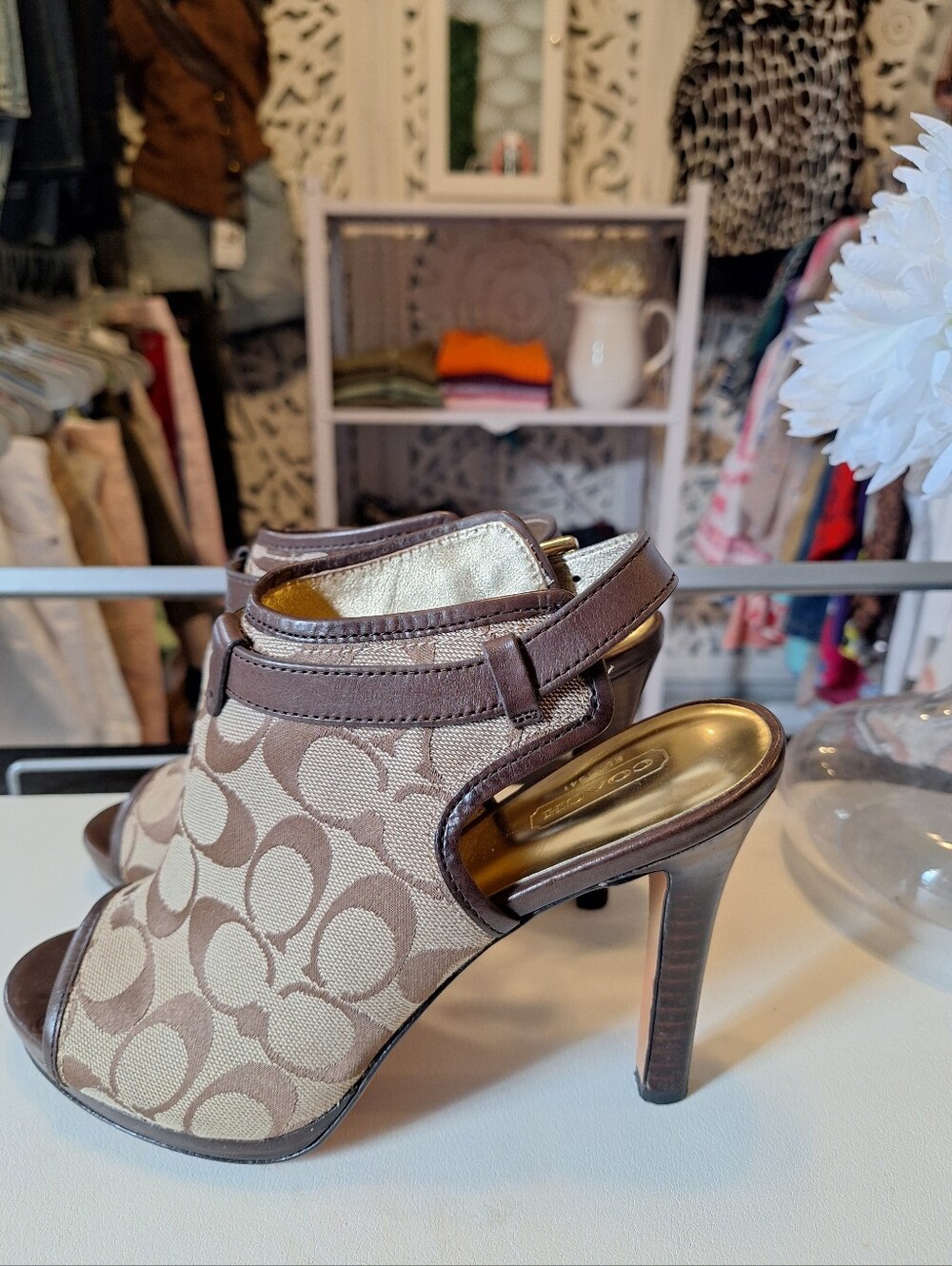 Coach Tan/Brown Signature Canvas Peep-Toe Mules - Picture 6 of 7